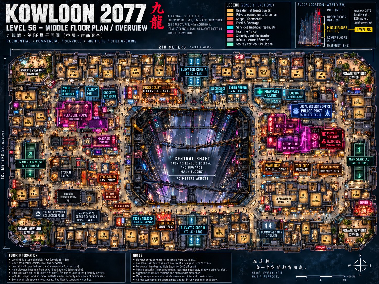 Level 56 middle floor plan: a ring of flats, shops, services and nightlife around the Central Shaft, with Elevator Cores A and B, Main Stair West and East, a police post, the strip club Neon Moon and a Locked Service Room.