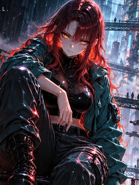Nia: pale, long burgundy-red hair, golden-amber eyes, glossy black crop top and an oversized teal utility jacket, sitting on a wet girder.