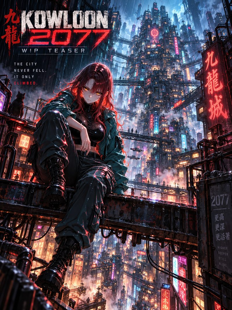 KOWLOON 2077 key art: Nia, red-haired in a teal jacket, sits on a rusted girder high above a rain-soaked megastructure lit with neon.
