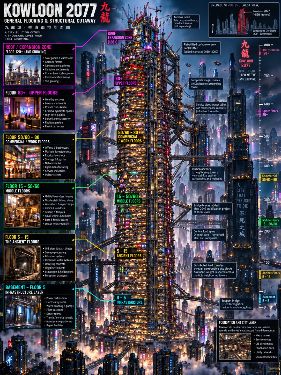 Kowloon 2077 general flooring and structural cutaway: the tower's zones from the infrastructure layer up to the Expansion Zone, with braces, trusses and support bridges to the surrounding towers.